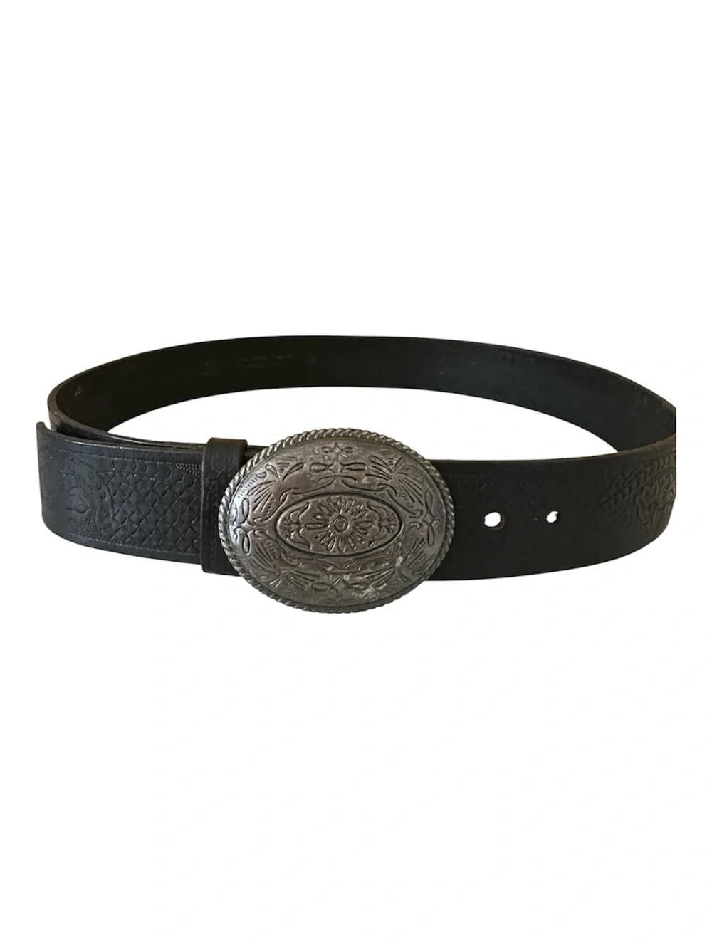 Western Tooled Black Leather Belt with Removable Oval Silver-tone Buckle 34